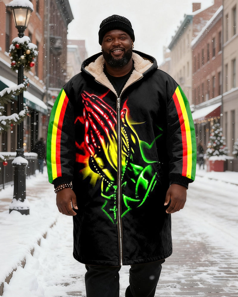 Big & Tall Men's Praying Hand Colorful Green, Yellow And Red Contrast Stripe Printed Velvet Thickened Long Hooded Coat