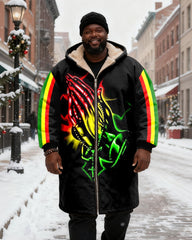 Big & Tall Men's Praying Hand Colorful Green, Yellow And Red Contrast Stripe Printed Velvet Thickened Long Hooded Coat