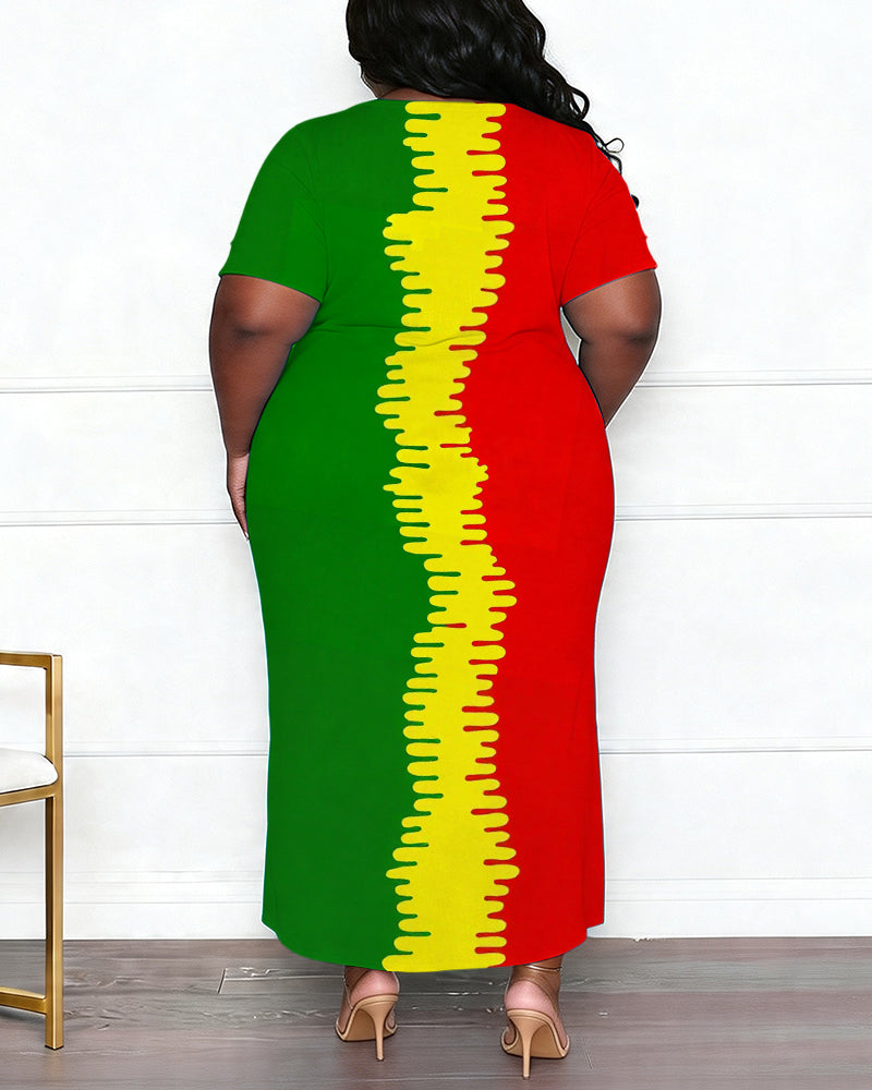 Women's Plus Size Black Diva Red Yellow Green Colorblock Printed Side Slit Short Sleeve Long Dress
