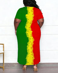 Women's Plus Size Black Diva Red Yellow Green Colorblock Printed Side Slit Short Sleeve Long Dress