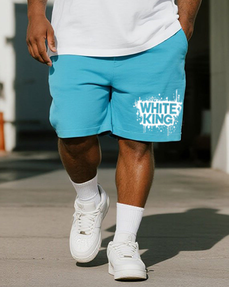 Big & Tall Men's Graffiti White King Alphabet Print Round Neck Short Sleeve T-Shirt Shorts Suit