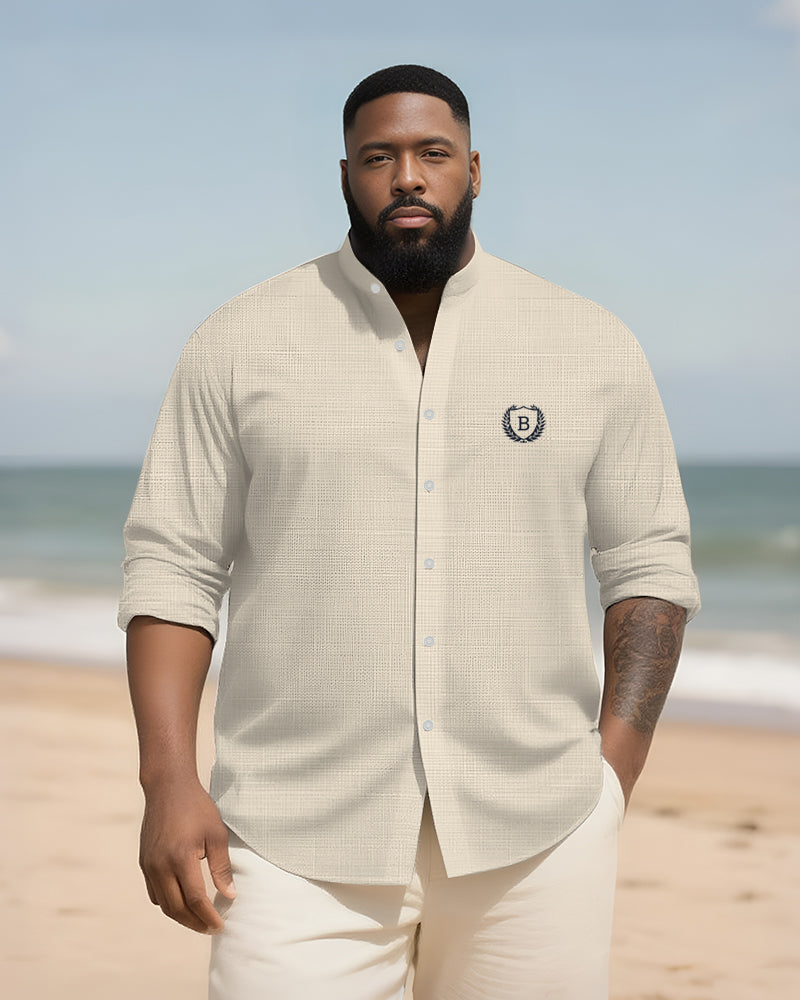 Big & Tall Men's Everyday College Style B Letter Icon Bamboo Hemp Texture Stand-up Collar Long Sleeve Shirt