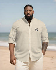 Big & Tall Men's Everyday College Style B Letter Icon Bamboo Hemp Texture Stand-up Collar Long Sleeve Shirt
