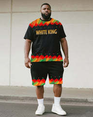 Big & Tall Men's Colorful Graffiti White King Alphabet Print Round Neck Short Sleeve T-Shirt Shorts Suit