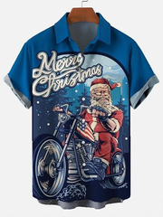 Men's Merry Christmas Santa Riding Motorcycle Plus Size Christmas Tree Short Sleeve Shirt