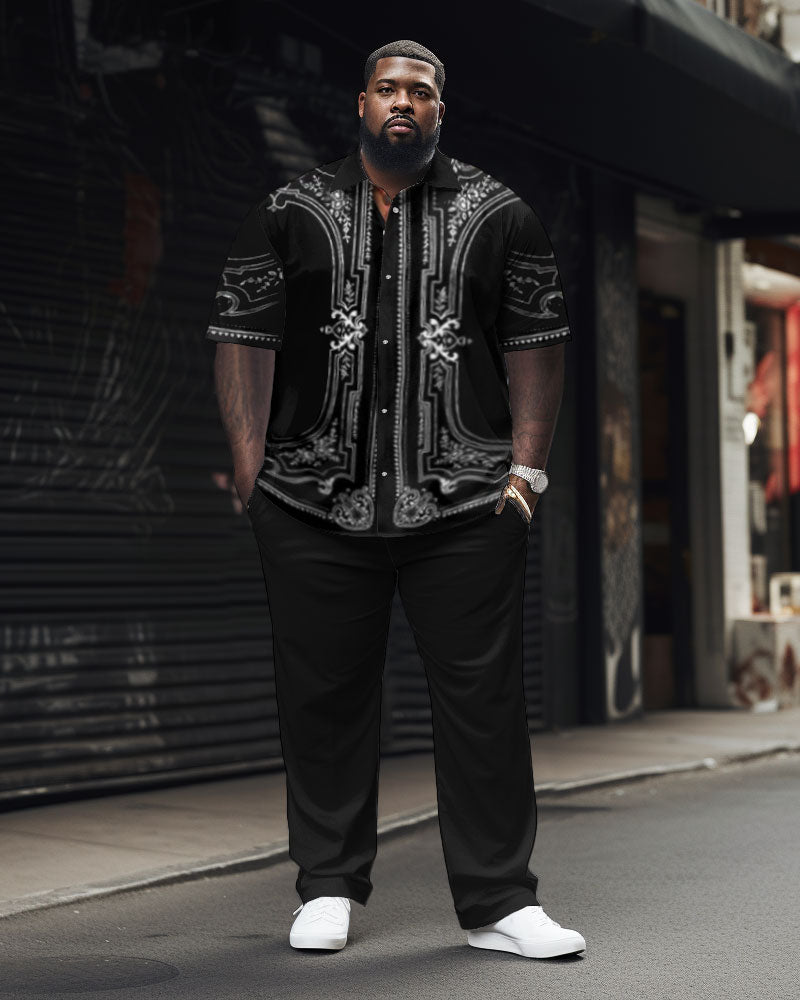 Big Men Elegant Classic Geometric Black Short Sleeve Shirt Pants Set