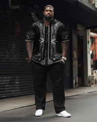 Big Men Elegant Classic Geometric Black Short Sleeve Shirt Pants Set