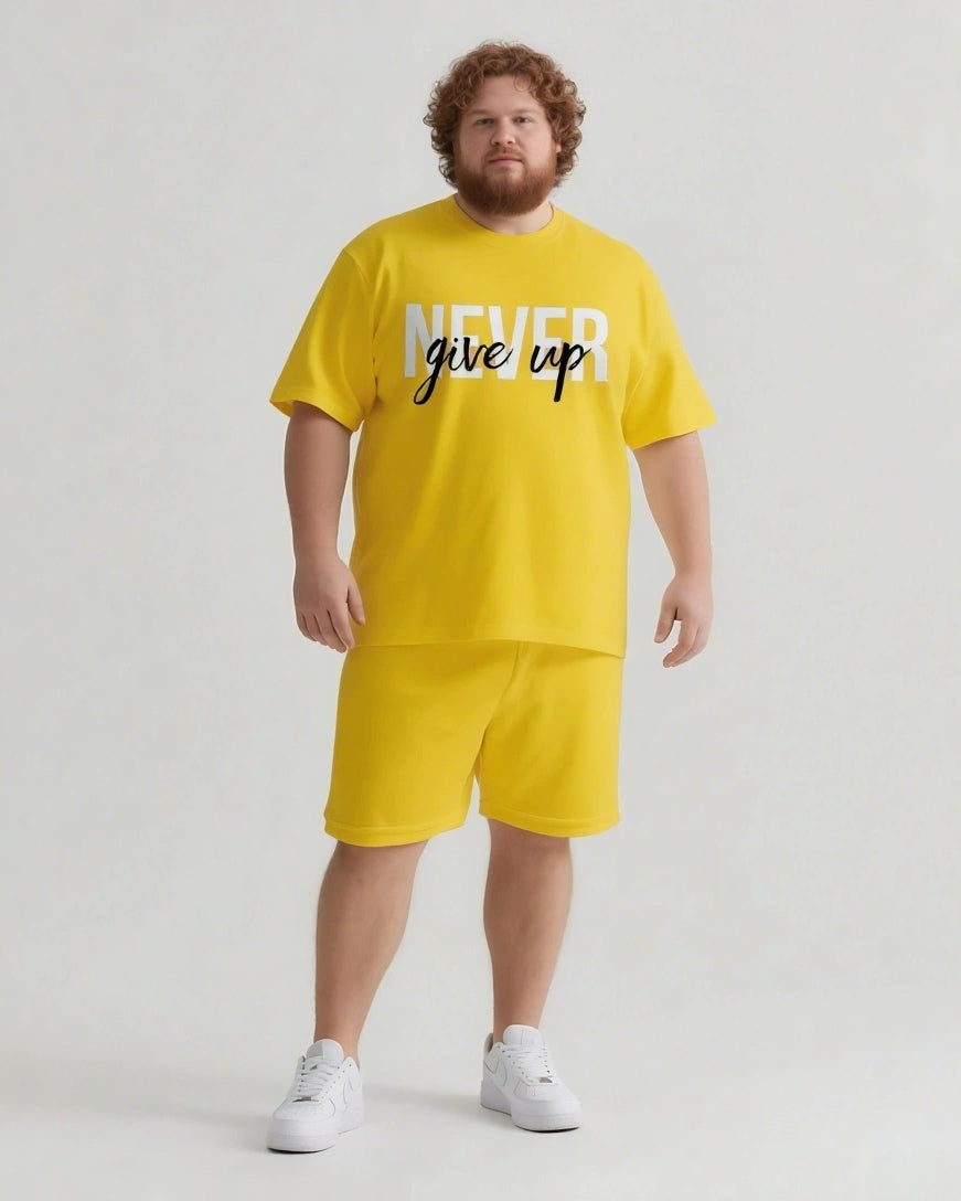 Never Give Up On Yourself Men's Big and Tall Simple Lettering Short Sleeve T-shirt Shorts Set