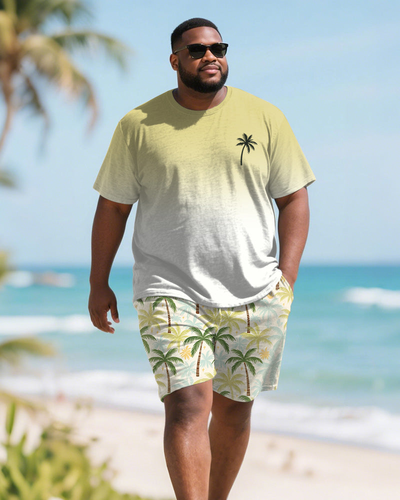 Men's Plus Size Green Coconut Tree Gradient Print Round Neck Short Sleeve T-Shirt Shorts Suit