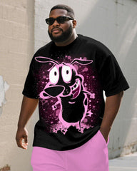 Men's Plus Size Black Powder Panic Cartoon Print Short Sleeve T-shirt Shorts Suit