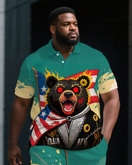 Big Men's Animal Theme USA Soldier Bear Cartoon Printed Short-Sleeve Polo Shirt & Shorts Set