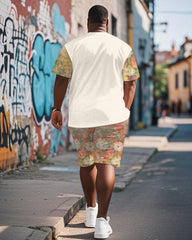 Men's Plus Size Street Graffiti Floral Alphabet Print Round Neck Short Sleeve T-Shirt Shorts Suit