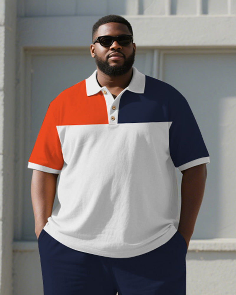 Big & Tall Men's Business Blue Orange Geometric Colorblock Print Short Sleeve Polo Shirt Shorts Suit
