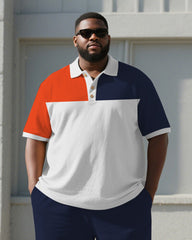 Big & Tall Men's Business Blue Orange Geometric Colorblock Print Short Sleeve Polo Shirt Shorts Suit