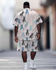 Men's Plus Size Street Fashion White Graffiti Gesture Print Shirt Shorts Suit