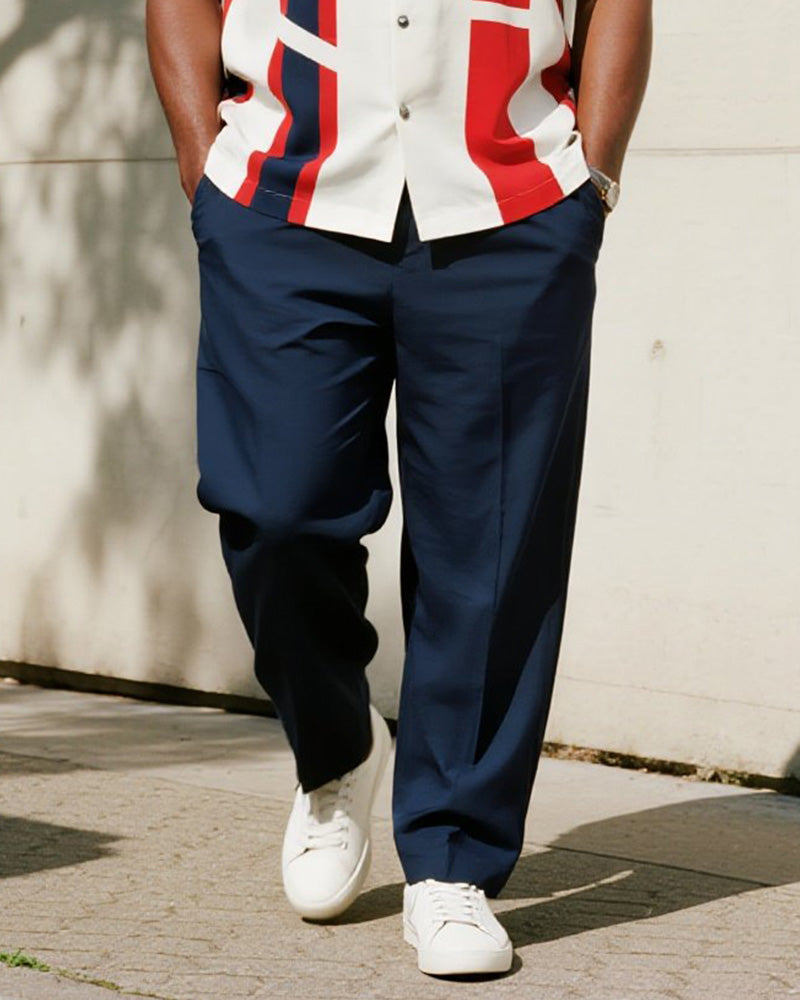 Big & Tall Men's Business Red Colorblock Geometric Stripe Print Short Sleeve Shirt Trousers Suit