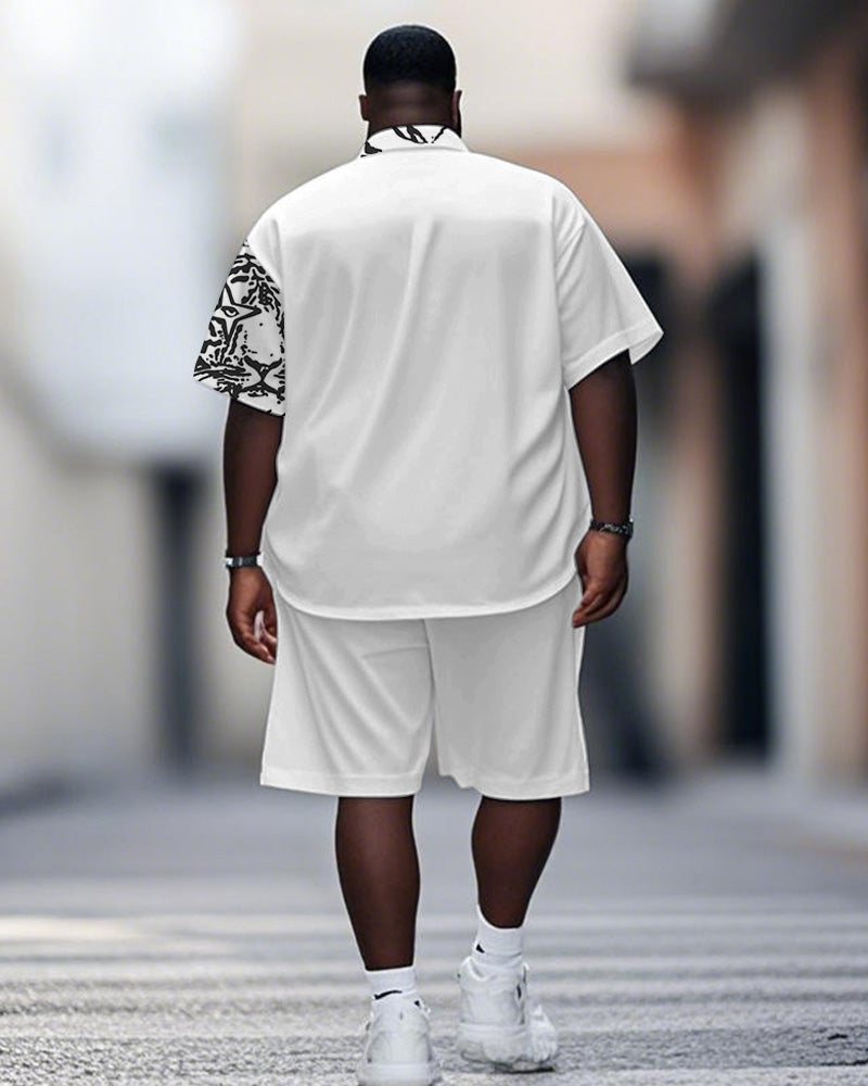 Men's Plus Size Street Fashion White Graffiti Tiger Print Shirt Shorts Suit