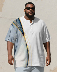 Men's Plus Size Blue And White Color-block Gradient Line Print Henry Collar T-shirt Trousers Suit