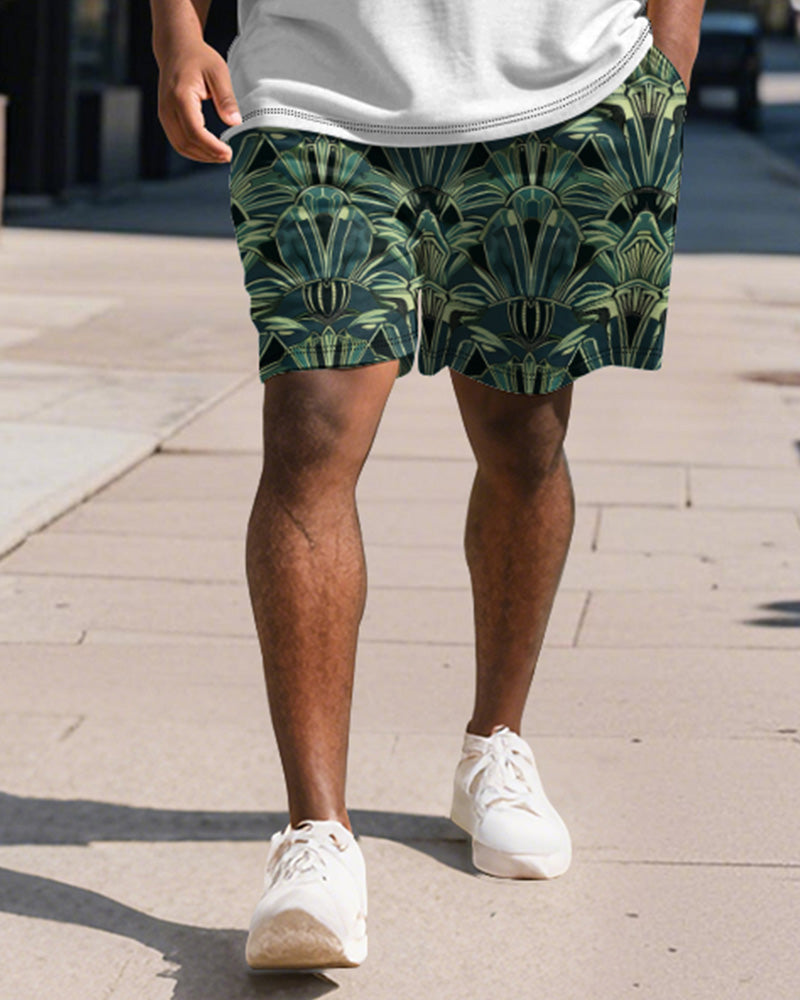 Big & Tall Men's Business Green Colorblock Geometric Print Short Sleeve Polo Shirt Shorts Suit