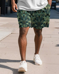 Big & Tall Men's Business Green Colorblock Geometric Print Short Sleeve Polo Shirt Shorts Suit