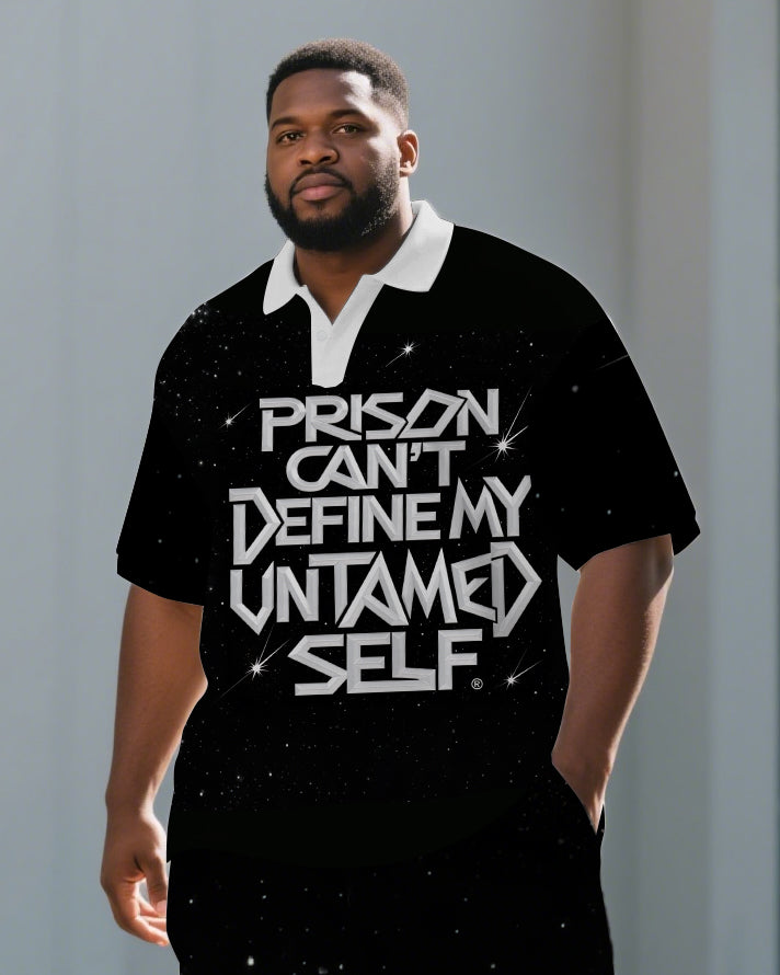 Big Men's Simple PRISON Theme Lettering White Collar Short Sleeve Polo Shirt Shorts Set