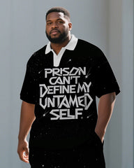 Big Men's Simple PRISON Theme Lettering White Collar Short Sleeve Polo Shirt Shorts Set