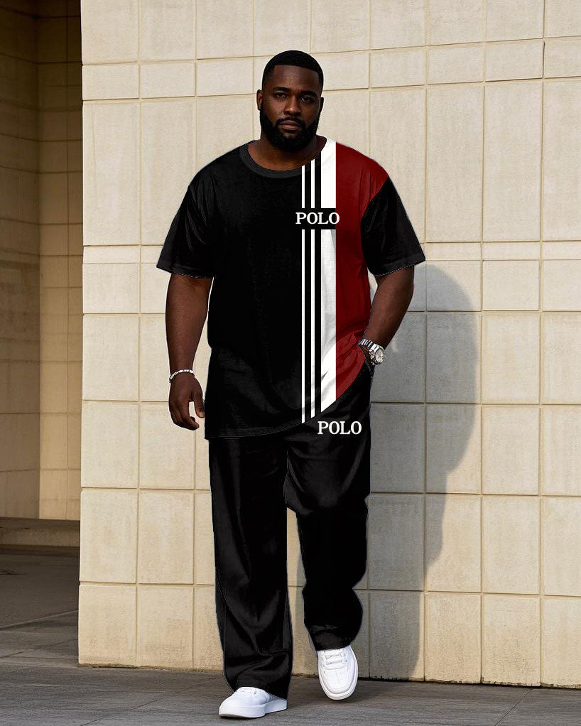 Big Men's Black & Red Color-block POLO Printed Short-sleeved T-shirt Pants Set