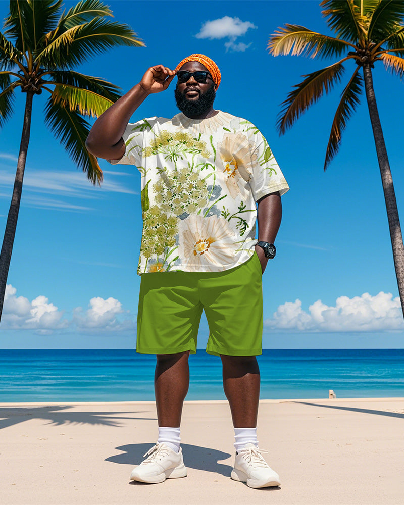 Big & Tall Men's Hawaiian Green Floral Graffiti Print Round Neck Short Sleeve T-Shirt Shorts Suit