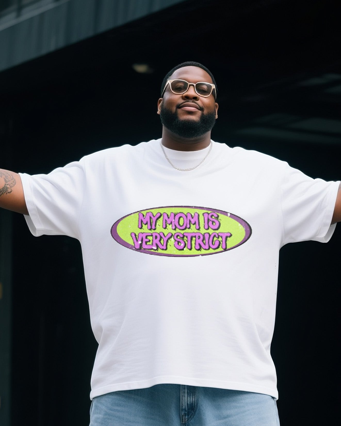 Plus Size Men My Mother Is Very Strict Creative Printed T-shirt Denim Pants Suit
