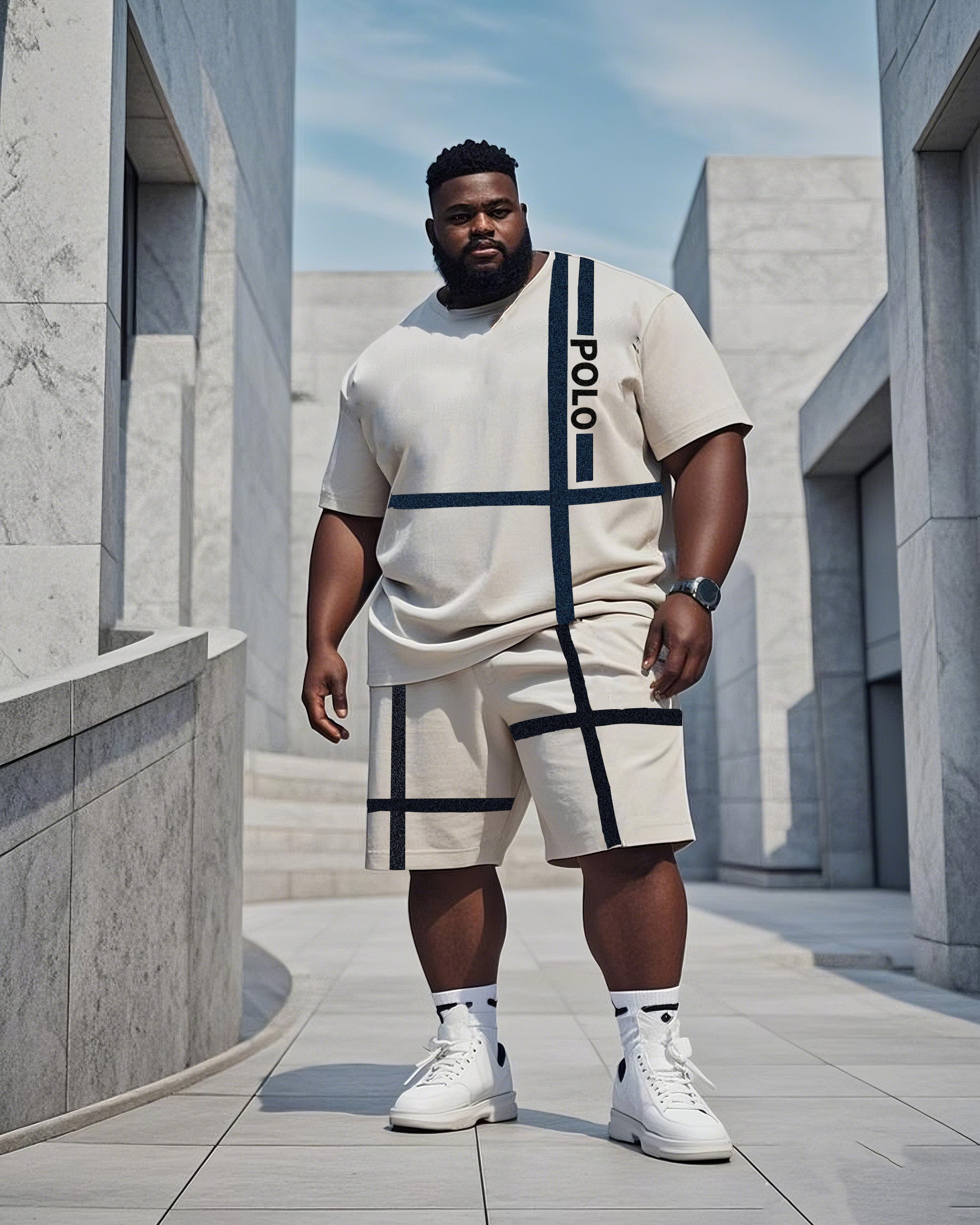 Big Man Apricot Black Line Short Sleeve T-Shirt And Pants Suit