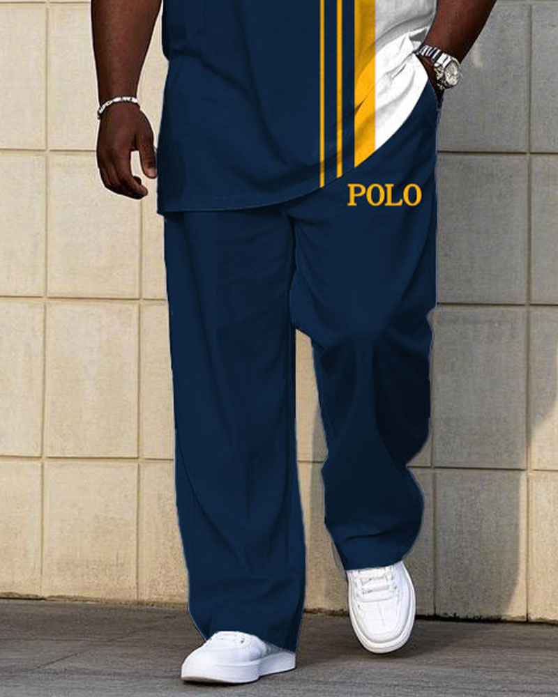 Men's Plus Size Sapphire & Yellow Colorblock Small Label Printed Short-Sleeved T-Shirt Trousers Suit