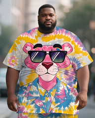 Men's Plus Size Pink Tie Dye Graffiti Cartoon Print Short Sleeve T-Shirt Shorts Suit