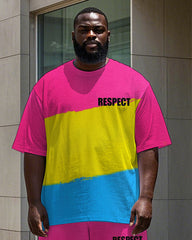 Big Men's Casual Bright Color Block Letter RESPECT Printed Short Sleeve T-shirt Pants Set