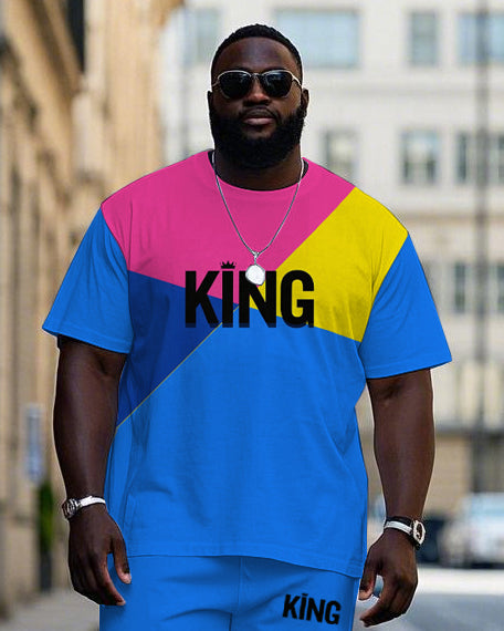 Big Men's Casual Bright Splicing Color Block Letter KING Printed Short Sleeve T-shirt Pants Set