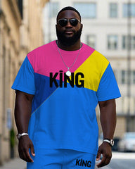 Big Men's Casual Bright Splicing Color Block Letter KING Printed Short Sleeve T-shirt Pants Set