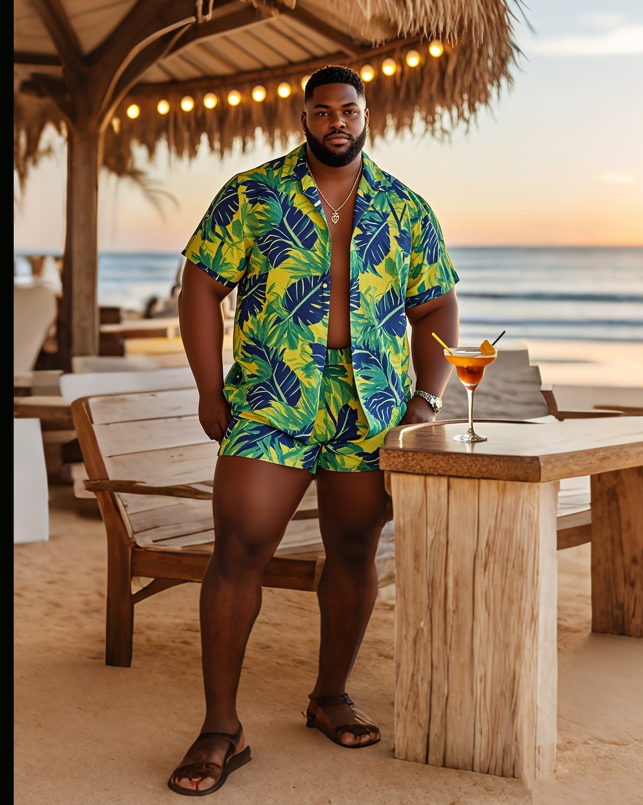 Plus Size Men's Beach Pants Hawaiian Style Short Sleeve Shirt Shorts Suit