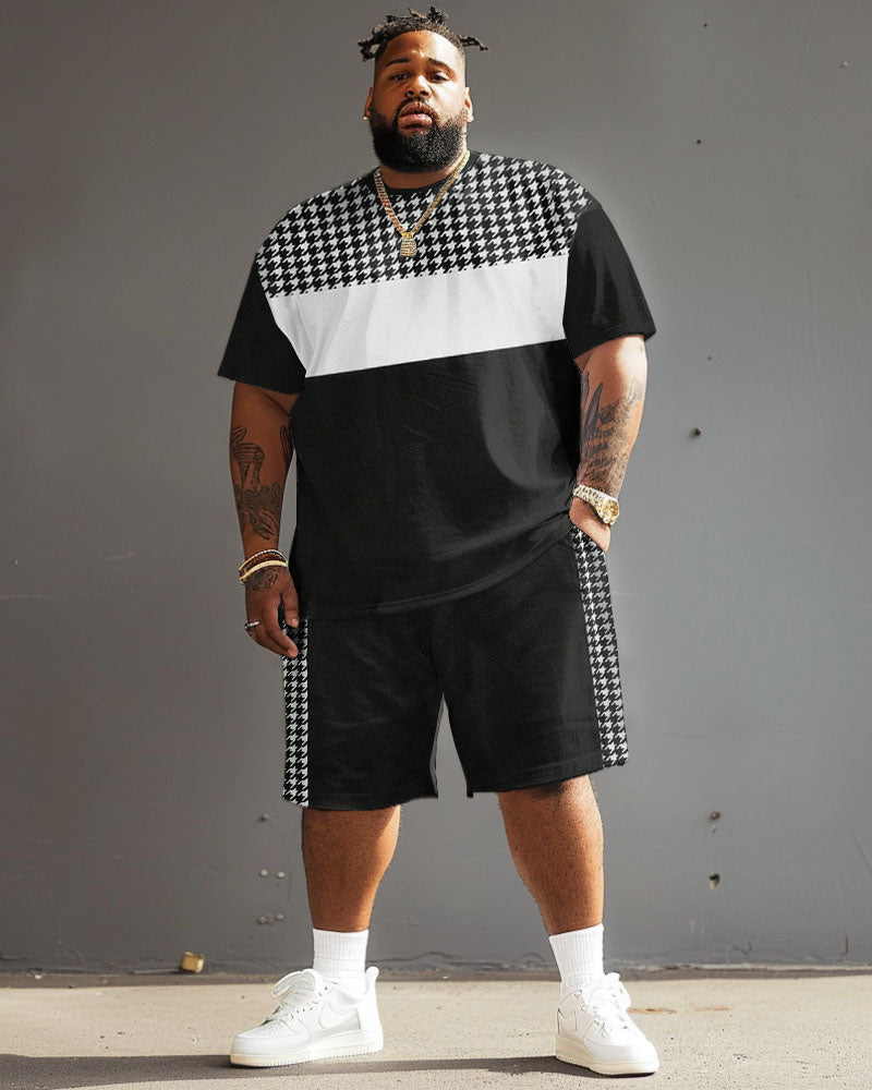 Big Men's Casual Simple Houndstooth Patchwork Printed T-Shirt Shorts Set