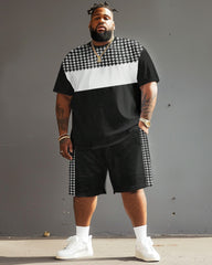 Big Men's Casual Simple Houndstooth Patchwork Printed T-Shirt Shorts Set