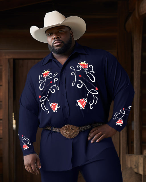 Men's Plus Size Western Denim Style Floral Long Sleeve Trousers Two-Piece Set