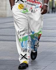 Men's Plus Size White & Street Graffiti Print Short Sleeve T-Shirt Trousers Suit