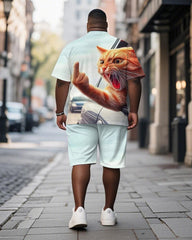 Men's Plus Size Blue Fun Cat Print Short Sleeve T-Shirt Shorts Suit