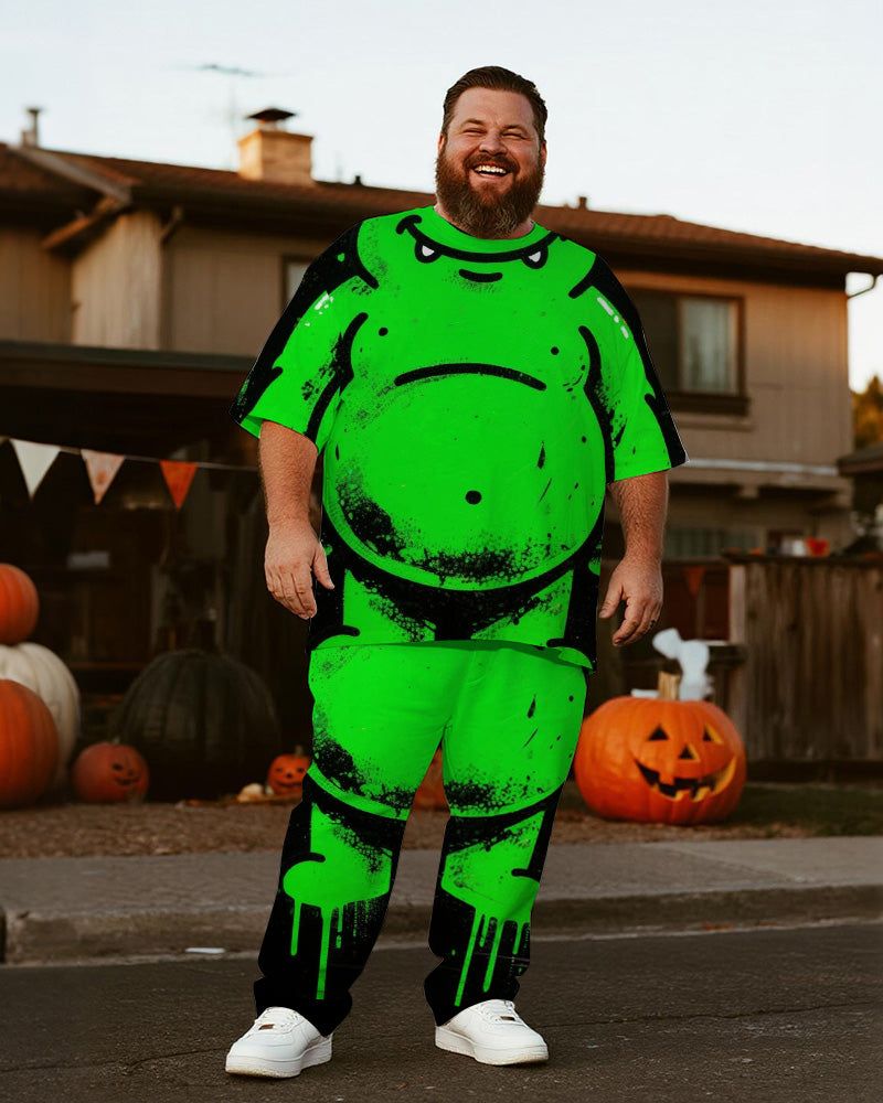 Big & Tall Men's Halloween Green Graffiti Monster Cosplay Printed T-Shirt Trousers Suit