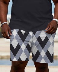 Men's Plus Size Royal Blue Diamond Pattern Signature Collar Short Sleeve Polo Shirt Shorts Suit