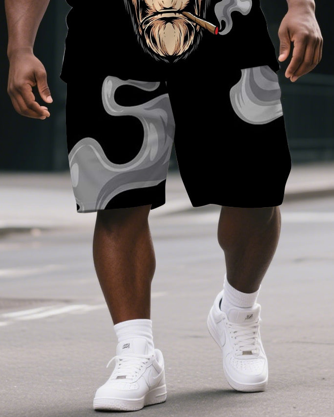 Big & Tall Men's Casual Cartoon Elder Gorillas Print Short-Sleeved T-shirt and Short Set