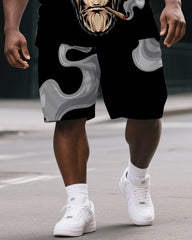 Big & Tall Men's Casual Cartoon Elder Gorillas Print Short-Sleeved T-shirt and Short Set