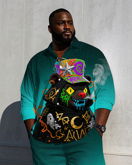 Big Guy's Casual Fierce Bear Theme Graffiti Bear Gradient Effect Long Sleeve Shirt Pants Set