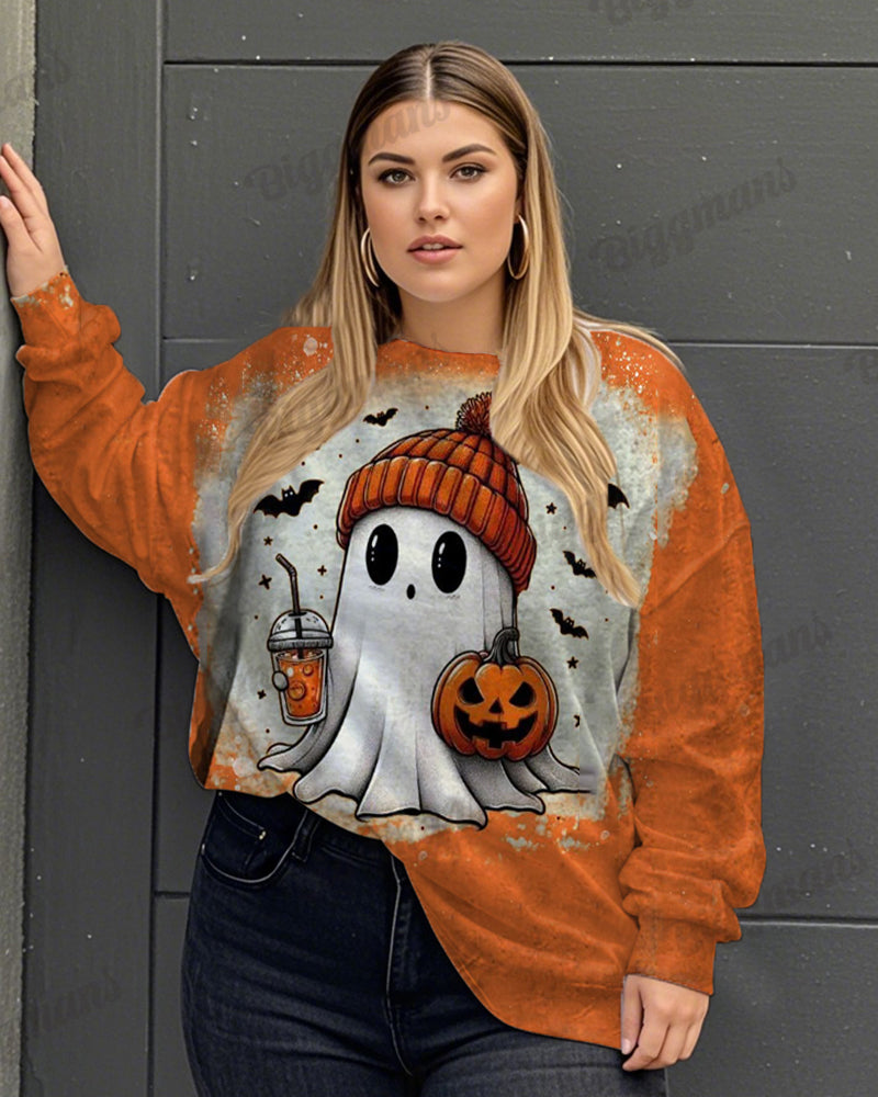 Personalized Pumpkin Ghost Print Women's Big and Tall Round Neck Long Sleeve Sweatshirt