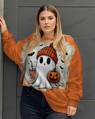 Personalized Pumpkin Ghost Print Women's Big and Tall Round Neck Long Sleeve Sweatshirt