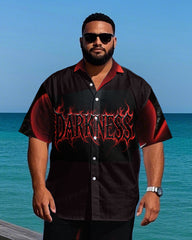 Big Men's DARKNESS Lettering Fire Effect Streetwear Short-Sleeve Shirt and Shorts Set
