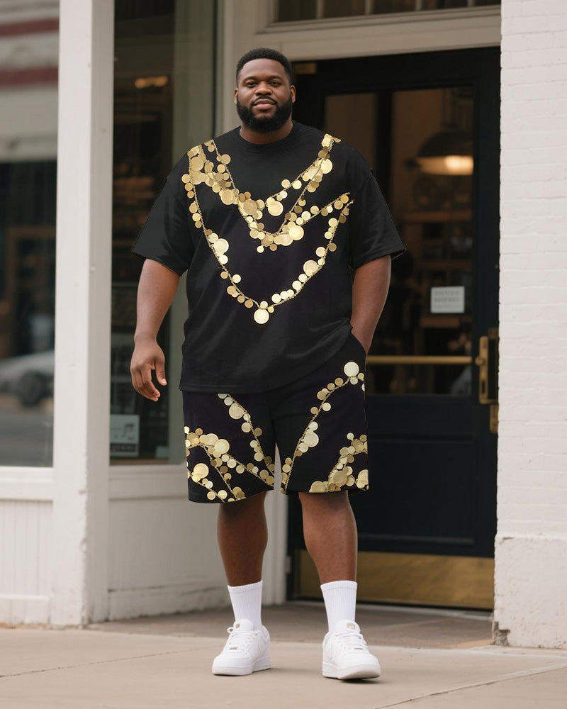 Big & Tall Men's Black Round Geometric Chain Print Round Neck Short Sleeve T-Shirt Shorts Suit